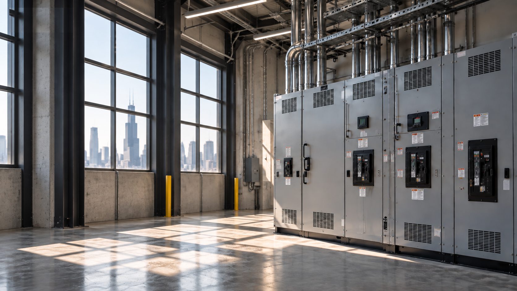 Electrical switchgear inside an industrial facility, with the Chicago skyline through the windows