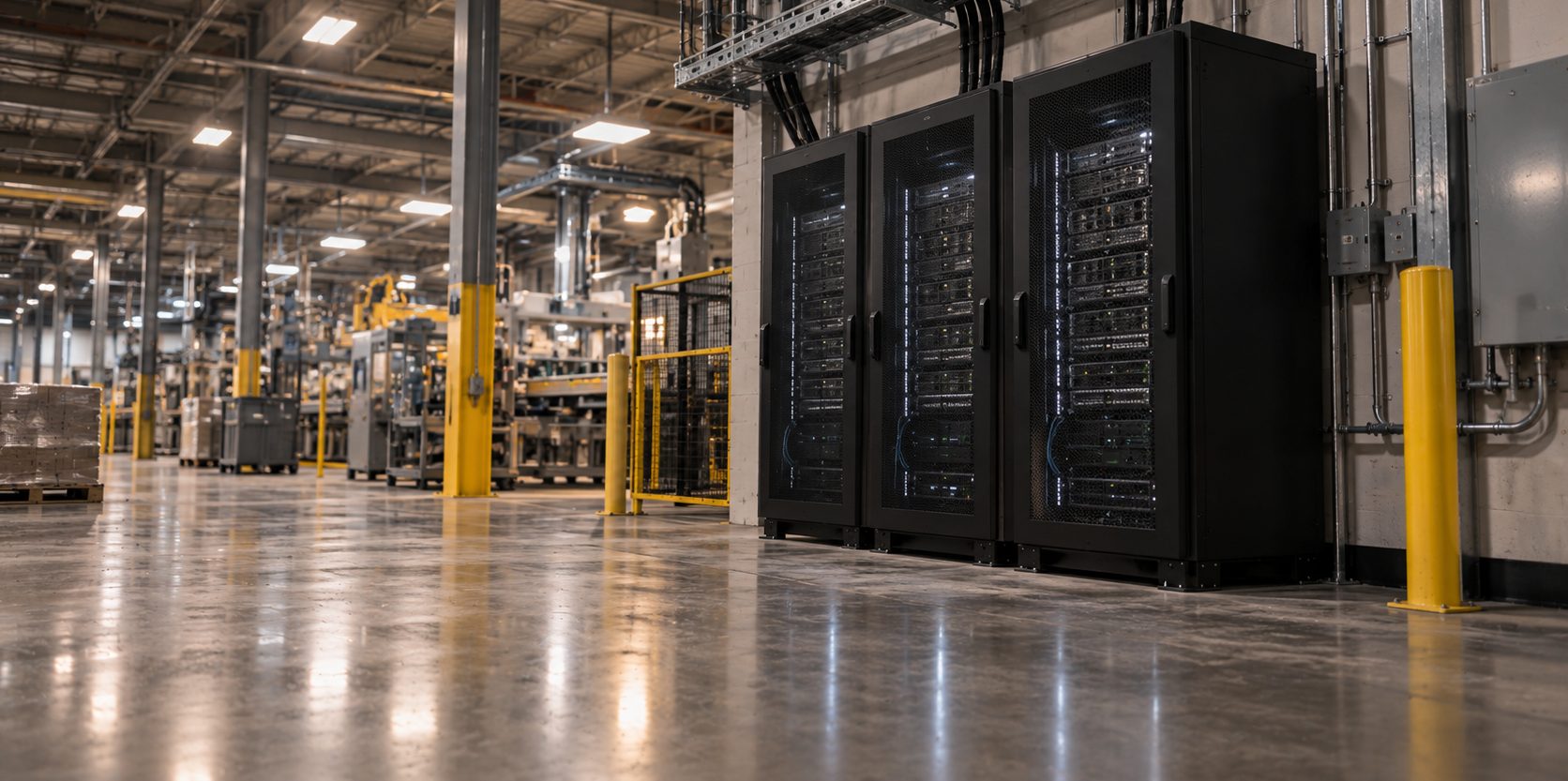 Three enclosed GPU racks along a wall inside a working manufacturing plant